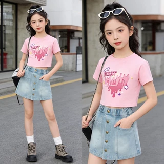 กระโปรงยีนส์สีฟ้าอ่อนสำหรับสาวๆ แบบเอวยางยืด ผสมผ้าฝ้าย สไตล์เกาหลี กระโปรงสาวอวบ