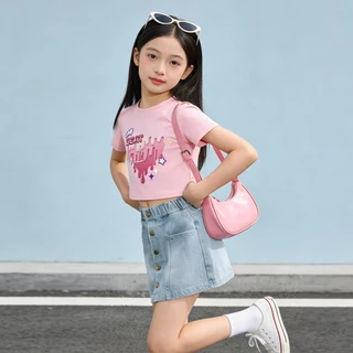 กระโปรงยีนส์สีฟ้าอ่อนสำหรับสาวๆ แบบเอวยางยืด ผสมผ้าฝ้าย สไตล์เกาหลี กระโปรงสาวอวบ