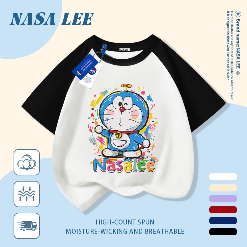 [จัดส่งรวดเร็ว] เสื้อยืดลายพิมพ์โดราเอมอน สำหรับเด็ก สีขาวผ้าฝ้ายแท้ ระบายอากาศได้ดี แขนสั้น