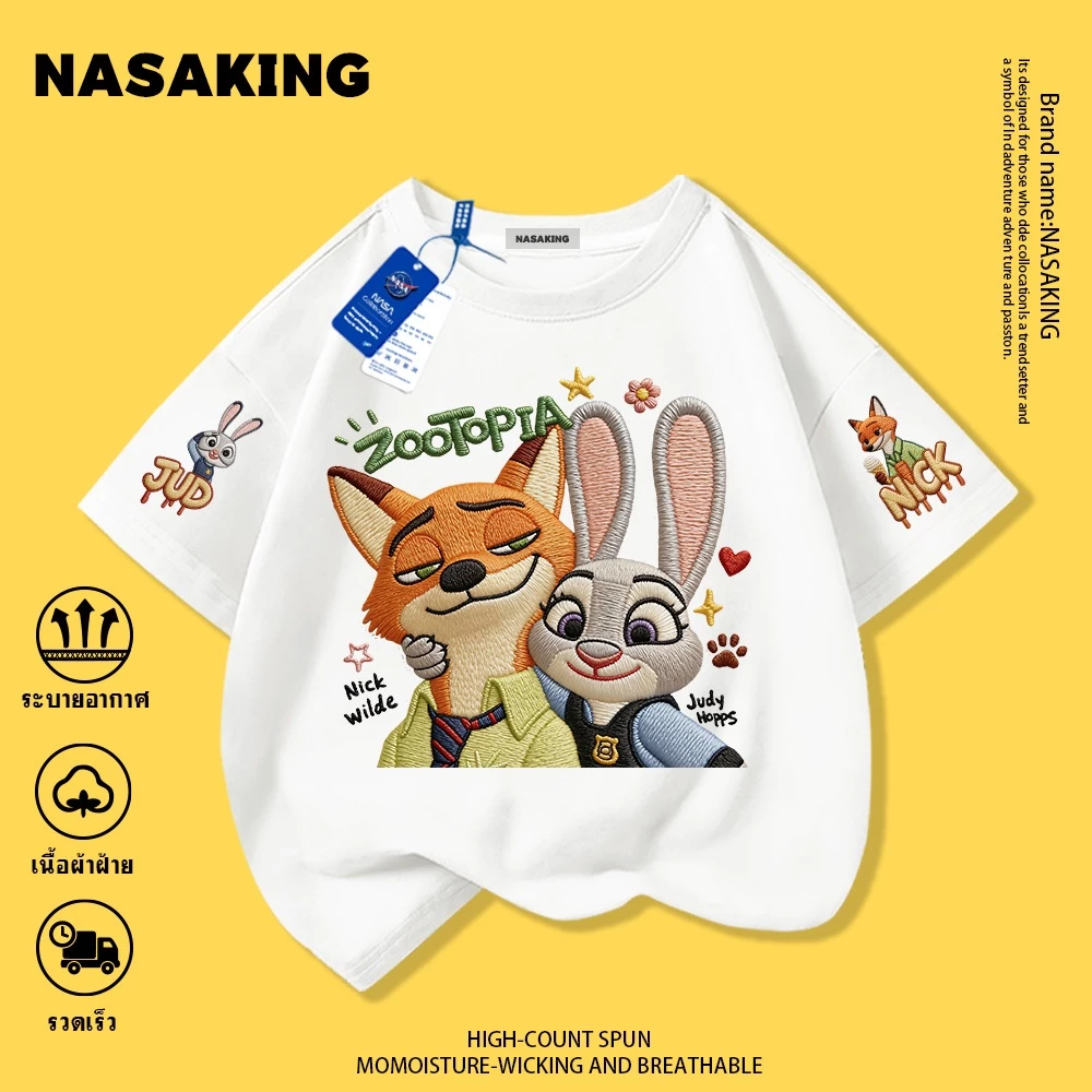 2026 รุ่นใหม่ NASA เสื้อยืดเด็ก สีขาว Judy Nick ลายการ์ตูน ผ้าฝ้าย 100% ระบายอากาศดี เหมาะสำหรับเด็กอายุ 1 ถึง 12 ขวบ
