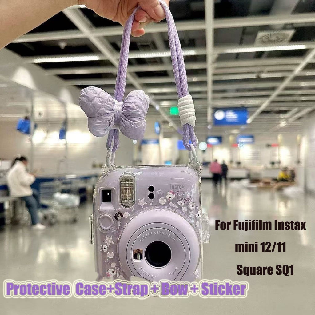 [สีม่วง] เคสป้องกันกล้องฟรีสายคล้องสําหรับ Fujifilm Instax Mini12/Mini11/Square SQ1 เคสกล้องพร้อมสติ