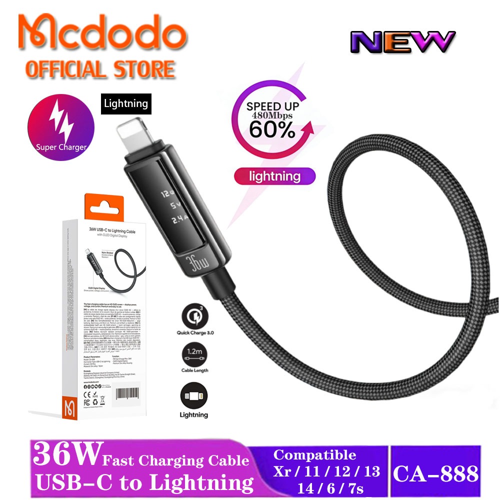 Mcdodo CA-888 36W สาย USB C ถึง Lightning OLED Digital Display PD Fast Charging Data Sync สําหรับ 14