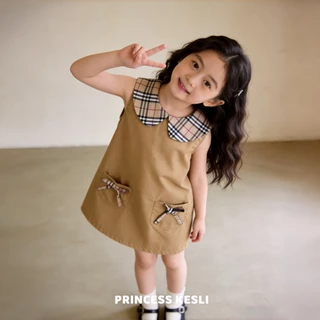 Princess kesli ชุดเดรสเด็กผู้หญิง ลายสก๊อตปก สไตล์เกาหลี แต่งโบว์น่ารักๆ ชุดเดรสแขนกุดเด็ก1-9 ปี