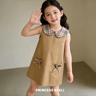 Princess kesli ชุดเดรสเด็กผู้หญิง ลายสก๊อตปก สไตล์เกาหลี แต่งโบว์น่ารักๆ ชุดเดรสแขนกุดเด็ก1-9 ปี