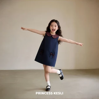 Princess kesli ชุดเดรสเด็กผู้หญิง ลายสก๊อตปก สไตล์เกาหลี แต่งโบว์น่ารักๆ ชุดเดรสแขนกุดเด็ก1-9 ปี