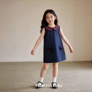 Princess kesli ชุดเดรสเด็กผู้หญิง ลายสก๊อตปก สไตล์เกาหลี แต่งโบว์น่ารักๆ ชุดเดรสแขนกุดเด็ก1-9 ปี