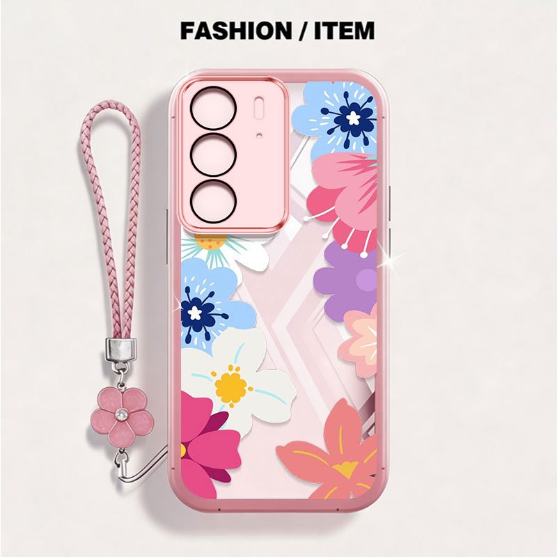 VRQR สําหรับ Oppo Realme C85 C83 C75X C75 C71 C100 4G 5G ฤดูใบไม้ผลิดอกไม้กันกระแทกใสเคสโทรศัพท์พร้อมเชือกดอกไม้