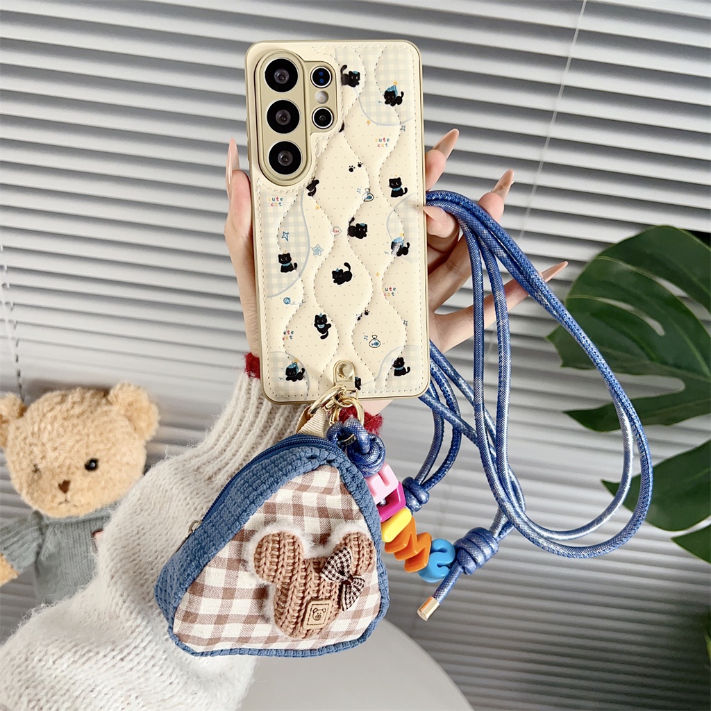 คอร์เทกซ์ การ์ตูนน่ารัก แมวสีดำตัวน้อย เชือกยาว เคส For Samsung Galaxy S26 Ultra S26 Plus S26 S25 Ultra S25 Plus S25 S24 Ultra S24 Plus S24 S23 S23 Plus S23 A56 A36 A54 A53 5G Case เคสโทรศัพท์ใหม่ ขอบซิลิโคนอ่อนขอบป้องกันการตก เคสมือถือซัมซุง