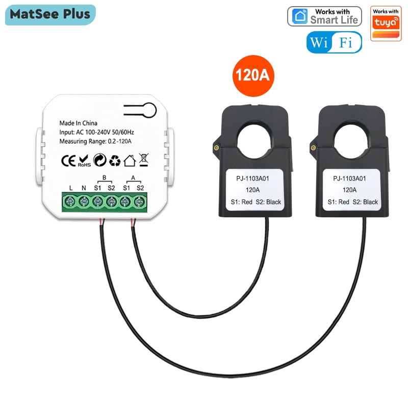 Tuya Smart Life 120A WiFi Energy Bi-directional Clamp Meter สําหรับพลังงานแสงอาทิตย์พร้อม Buzzer Overload Alarm App Monitor พลังงานแสงอาทิตย์ผลิตและต่อเนื่องเฟสเดียว AC100-240V