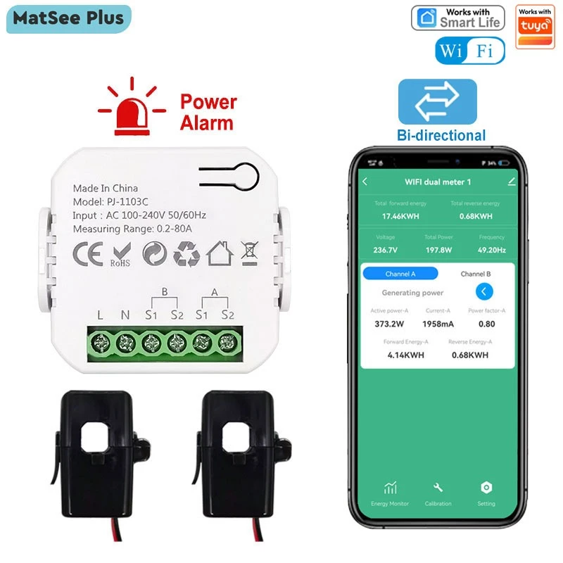เครื่องวัดพลังงาน Tuya Smart WiFi สำหรับติดตาม App พลังงานแสงอาทิตย์ส่งออกและนําเข้าพลังงาน 220V