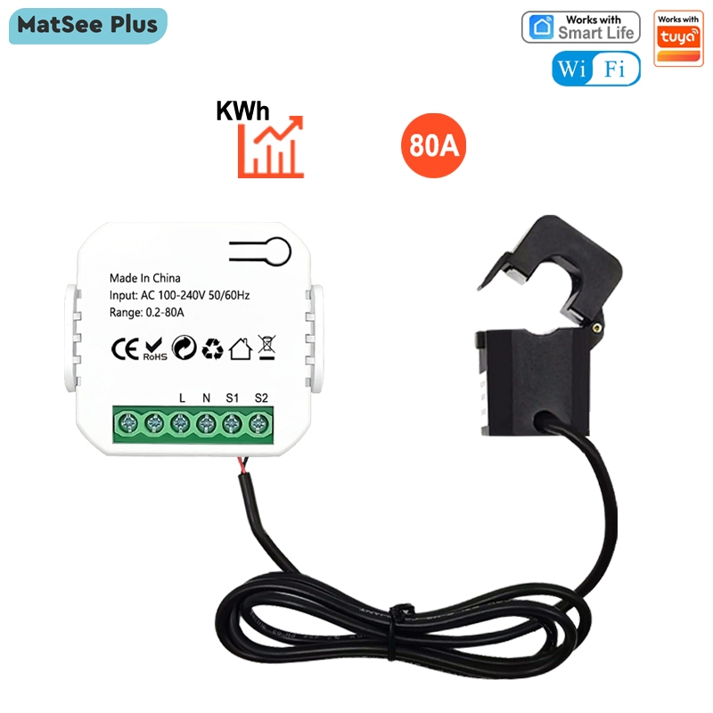 Tuya Smart Life WiFi เครื่องวัดพลังงานดิจิตอล 80A พร้อมเซ็นเซอร์หม้อแปลงปัจจุบัน Clamp App เครื่องวัดเวลาจริงการใช้พลังงาน AC110V 240V 50/60Hz