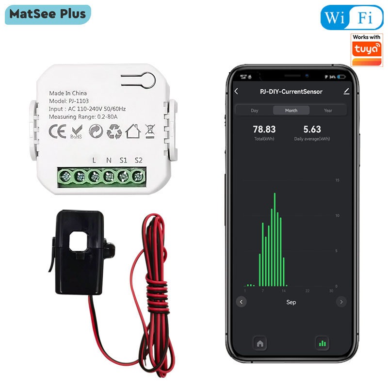 Tuya Smart Life WiFi Energy Meter 80A Current Transformer APP Monitor Current Power สถิติไฟฟ้า AC 110-240V