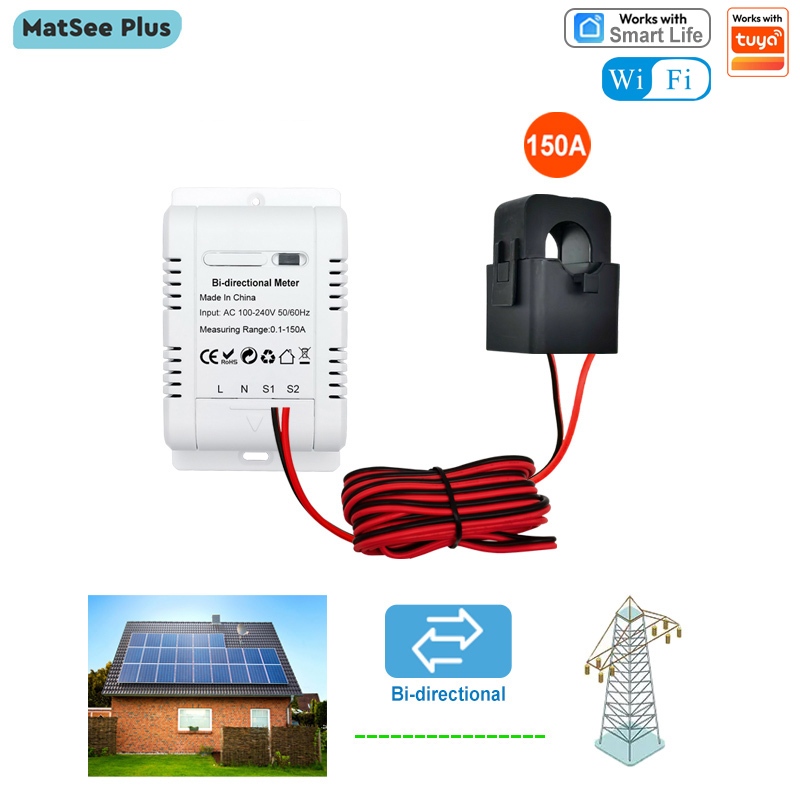 Tuya Smart Life WiFi Bidirectional Energy Meter 150A Clamp Current Transformer Sensor สําหรับพลังงานแสงอาทิตย์ Monitor KWh ไฟฟ้าสถิติ AC 110V 240V