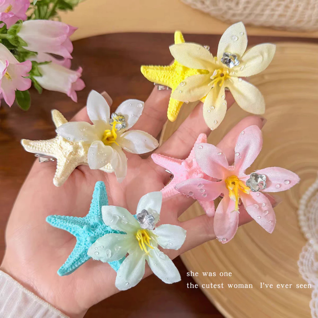 กิ๊บผมลายปลาดาวและดอกไม้สำหรับผู้หญิง ตกแต่งทรงผมในวันหยุดริมทะเล