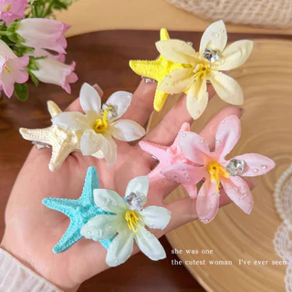 กิ๊บผมลายปลาดาวและดอกไม้สำหรับผู้หญิง ตกแต่งทรงผมในวันหยุดริมทะเล