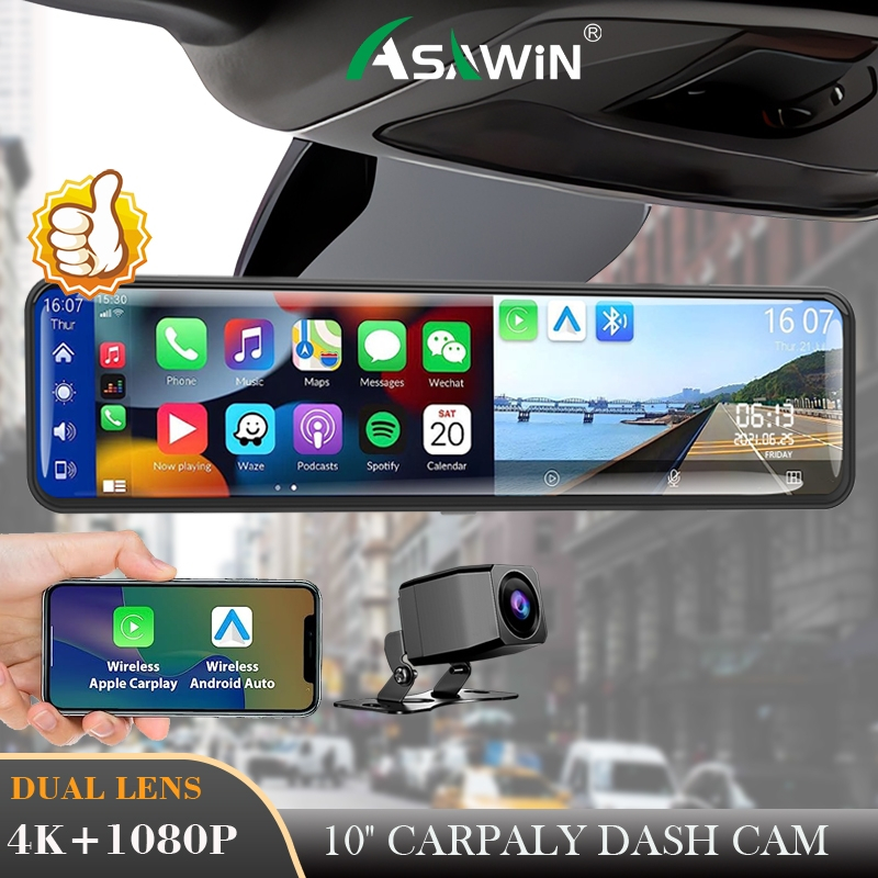 Asawin Carplay กระจก 4K Dash Cam WIFI Android Apple ควบคุมเสียงบลูทูธโทร FM 10 ในเลนส์คู่ดูกล้อง HD ภาพย้อนกลับ