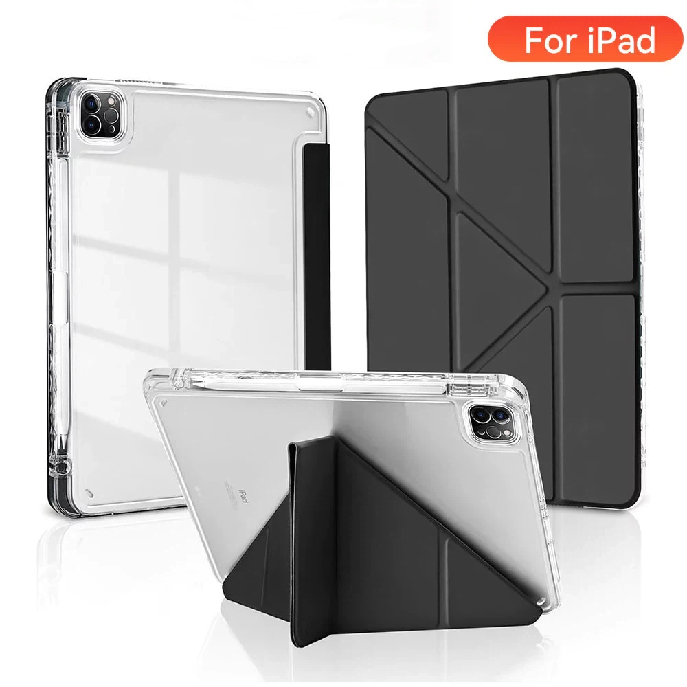 UncleZ Y-Fold Stand อะคริลิคสําหรับ iPad A16 12th 11th 10th 9th 8th 7th Gen Pro 11 12.9 Air 11 7 6 5 4 M3 M2 Mini 7 6 Shock Cover พร้อมช่องเสียบปากกา,อัตโนมัติ Sleep/Wake
