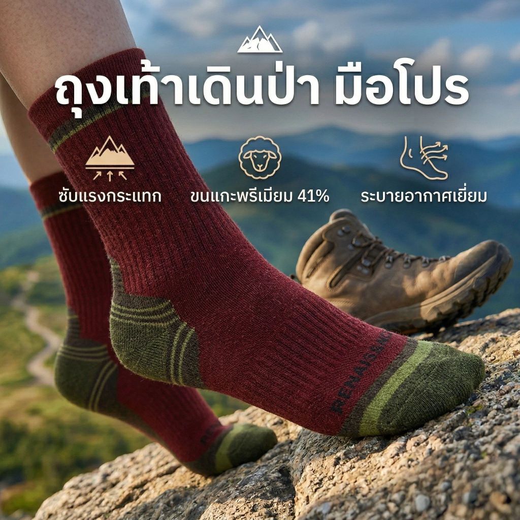 จัดส่งจากกรุงเทพฯ ถุงเท้าเดินป่า Merino Wool อุ่นสบาย ระบายอากาศดี แห้งไว กันกระแทก ทนทาน ไม่ย้วย ตรงปก100%