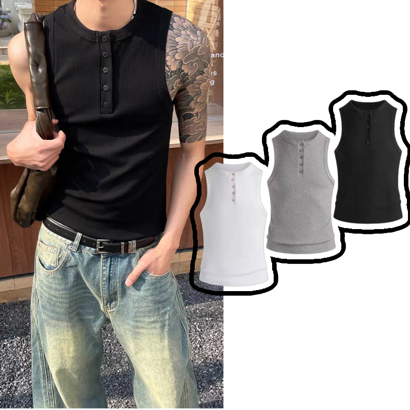 HillsayN เสื้อยืดผู้ชาย เสื้อกล้ามกระดุมผ้าไหมน้ําแข็งเข้ารูปสําหรับผู้ชาย