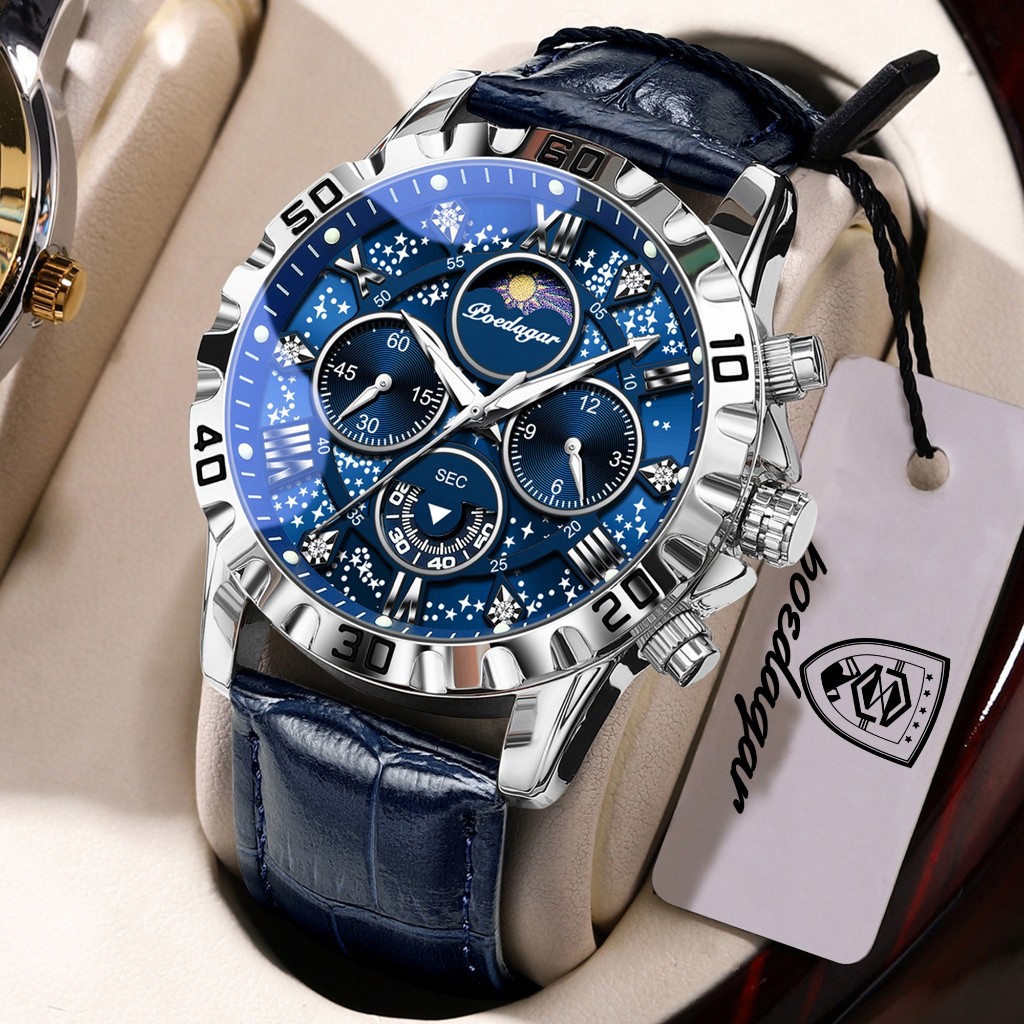 POEDAGAR กีฬาคุณภาพสูงนาฬิกาสําหรับชายกันน้ําควอตซ์ Man นาฬิกาข้อมือ Luminous Chronograph หนังนาฬิกาผู้ชายชาย