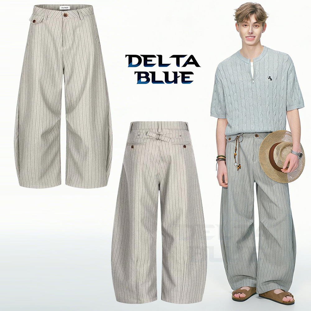 DELTA BLUE กางเกงขากว้างลายริ้วสีเทา ทรงโค้งคลีนฟิตวินเทจ ผ้าฝ้ายผสมป่าน ระบายอากาศดี ใส่ได้ทุกฤดู เหมาะกับสงกรานต์ ผู้ชายผู้หญิงใส่ได้