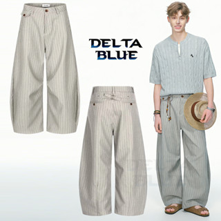 DELTA BLUE กางเกงขากว้างลายริ้วสีเทา ทรงโค้งคลีนฟิตวินเทจ ผ้…
