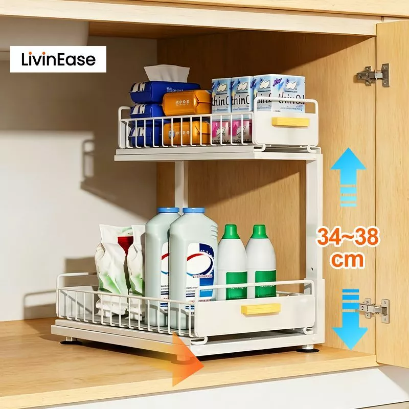 LivinEase ดึงออกชั้นเก็บของพร้อมลิ้นชักปรับความสูงตู้ ภายใต้อ่างล้างจานการออกแบบที่แข็งแรงทนทาน