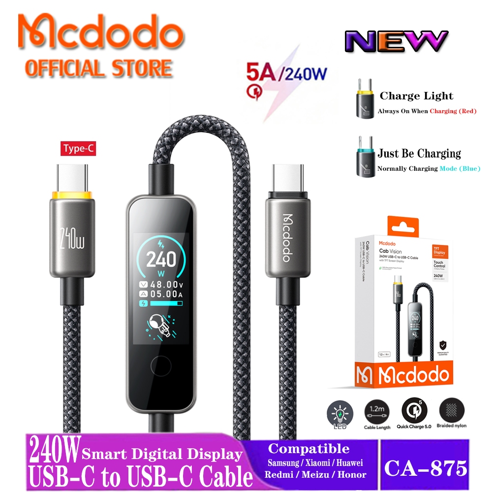Mcdodo สาย USB-C 240W พร้อมจอแสดงผลหน้าจอสัมผัสสี 480Mbps การถ่ายโอนข้อมูลความเร็วสูง CA-875