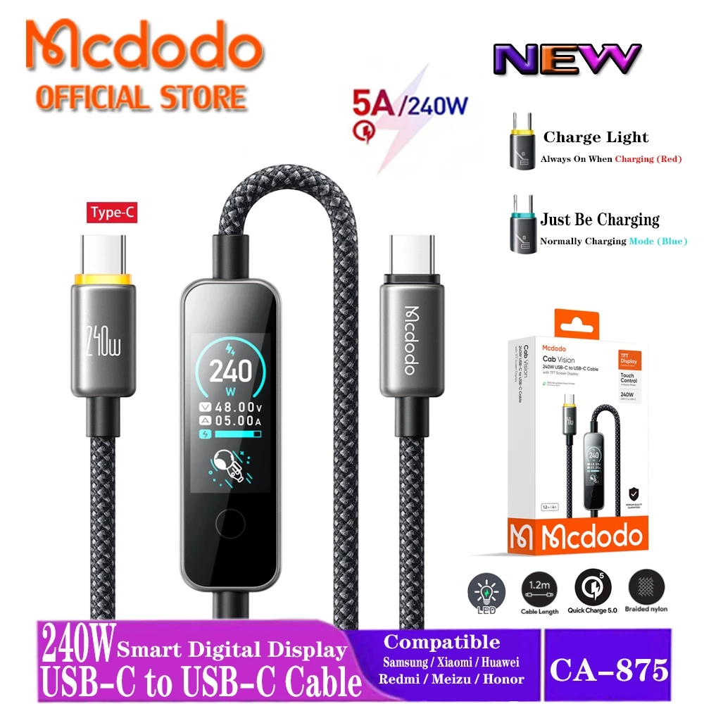 Mcdodo สาย USB-C 240W พร้อมจอแสดงผลหน้าจอสัมผัสสี 480Mbps การถ่ายโอนข้อมูลความเร็วสูง CA-875