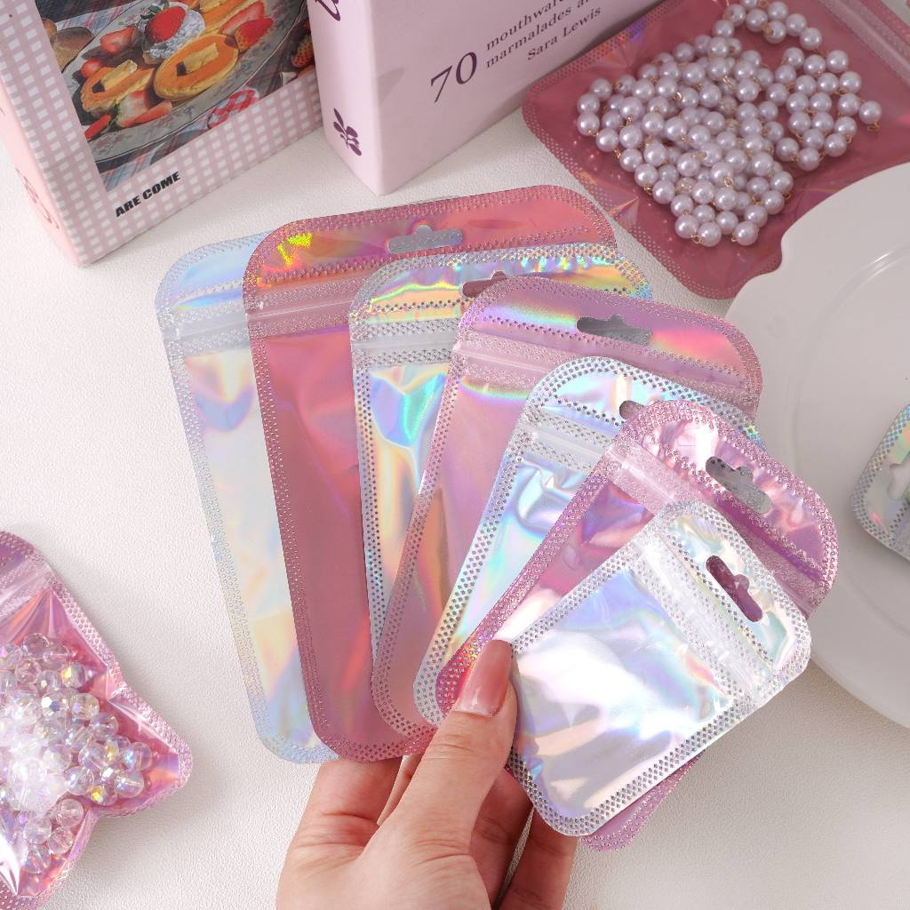ถุงห่อของขวัญใสสีรุ้งปิดผนึกเอง 10ชิ้น สำหรับใส่ต่างหู สร้อยคอ บรรจุภัณฑ์เครื่องประดับ