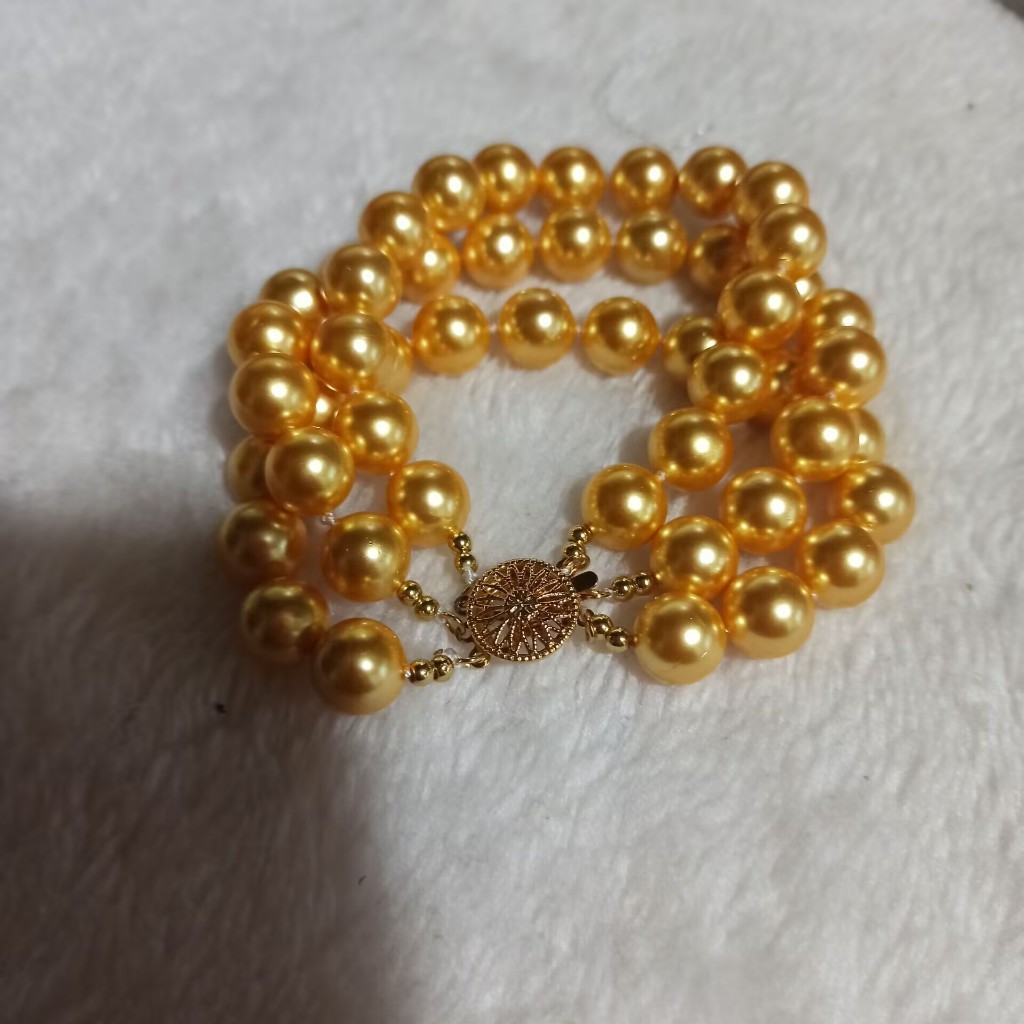(3.26-4.23)3 ROWS AAA 10MM round shell Gold pearl Bracelet 14K Yellow filled GOLD 7.5-8 นิ้ว