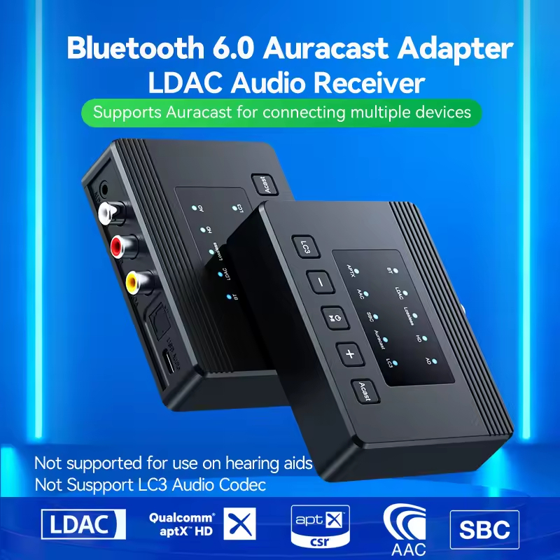 LDAC aptX-HD/AD/LL บลูทูธ 6.0 เครื่องรับสัญญาณเสียง Auracast Broadcast Receiver อะแดปเตอร์เครื่องส่งสัญญาณพร้อมเอาต์พุตออปติคัลโคแอกเซียล