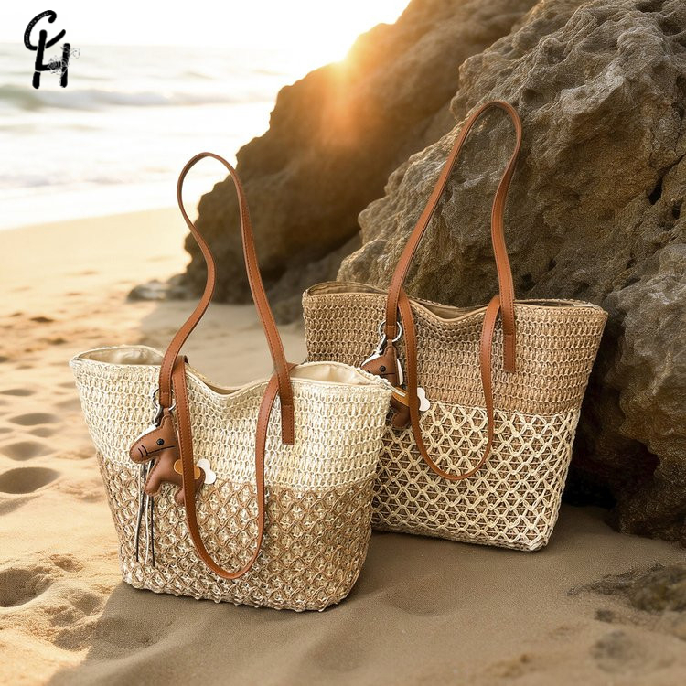 CLH Vacation Must-have Straw Bag Beach Vacation Tote Bag กระเป๋าสะพายทอความจุขนาดใหญ่