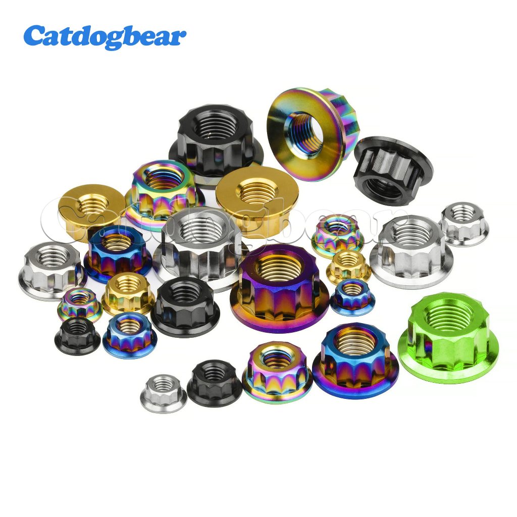 Catdogbear Titanium Nut M5 M6 M8 M10 M12 CNC ภายนอก 12 จุดหน้าแปลนถั่วสําหรับรถจักรยานยนต์จักรยานด้านหลังเพลาการปรับเปลี่ยนตัวยึด