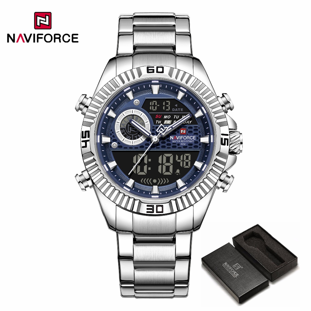NAVIFORCE 9262S Dual Display Movement 3D Stereoscopic Pit Pattern นาฬิกาสแตนเลสคลาสสิกสําหรับผู้ชาย