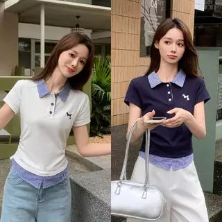 [ซื้อ1แถม1]เสื้อโปโล แขนสั้น ปักลาย สำหรับผู้หญิง สไตล์เกาหลี ลำลอง เสื้อ