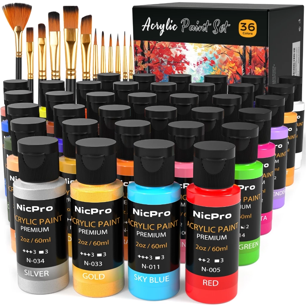 นิคโปร ชุดอะคริลิค 36 สี พร้อมแปรง 12 ชิ้นและจานสี อุปกรณ์ศิลปะปลอดสารพิษสําหรับผู้ใหญ่ เม็ดสีเข้มข้น ใช้กับผ้า ไข่ ผ้าใบ ดิน ไม้ หิน เซรามิก