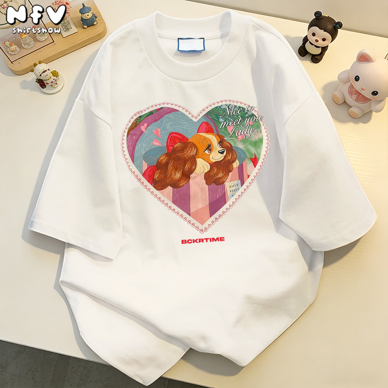 [จัดส่งจากกรุงเทพฯ]💕NFV เสื้อยืดลายลูกสุนัขหัวใจ แขนสั้น ผ้าฝ้ายแท้ ระบายอากาศ oversize YG507