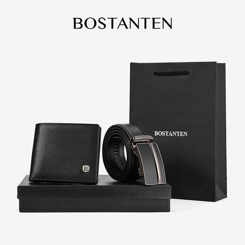 BOSTANTEN  เข็มขัดผู้ชายและชุดกระเป๋าสตางค์ กระเป๋าสตางค์ลำลองคุณภาพสูง เข็มขัดนิรภัยอัตโนมัติ