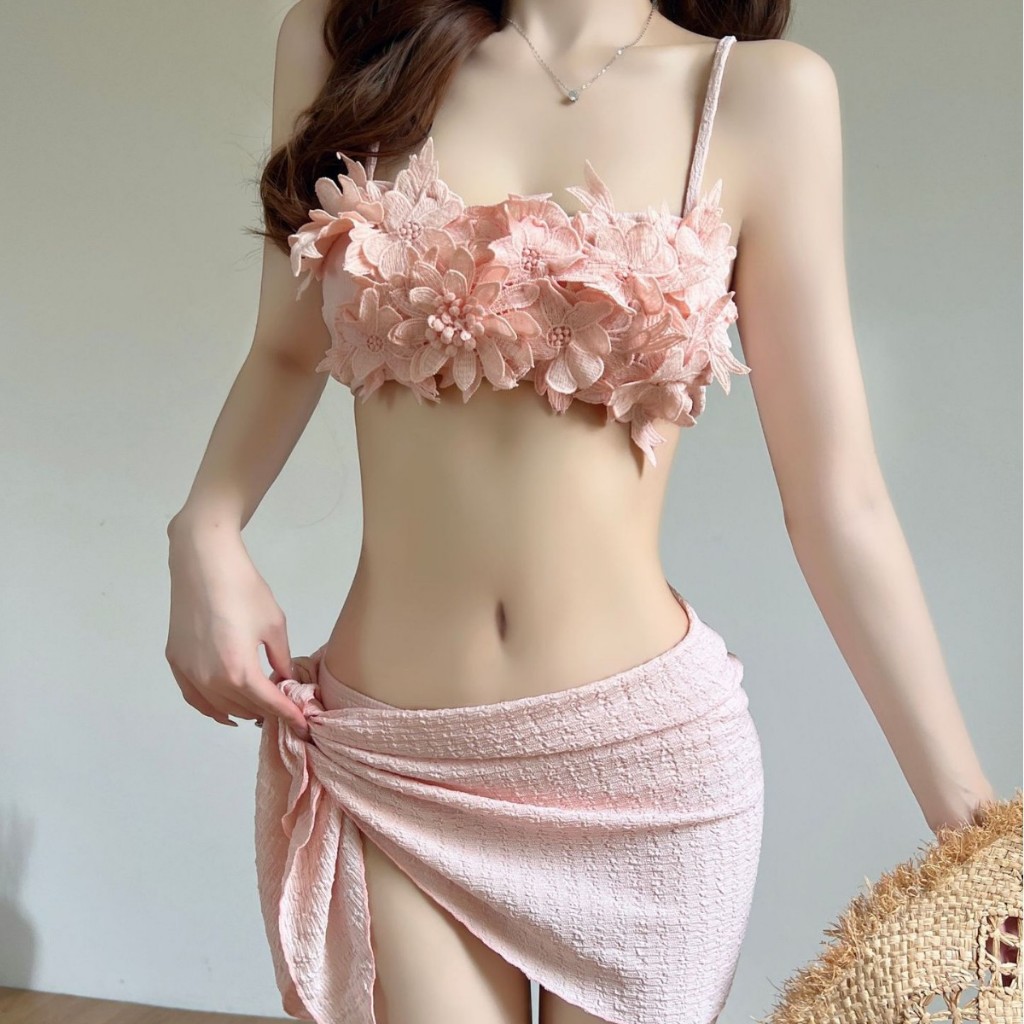 ชุดว่ายน้ำบิกินี่ลายดอกไม้ ชุดสามชิ้น พร้อมสายคล้องไหล่ สำหรับชายหาด