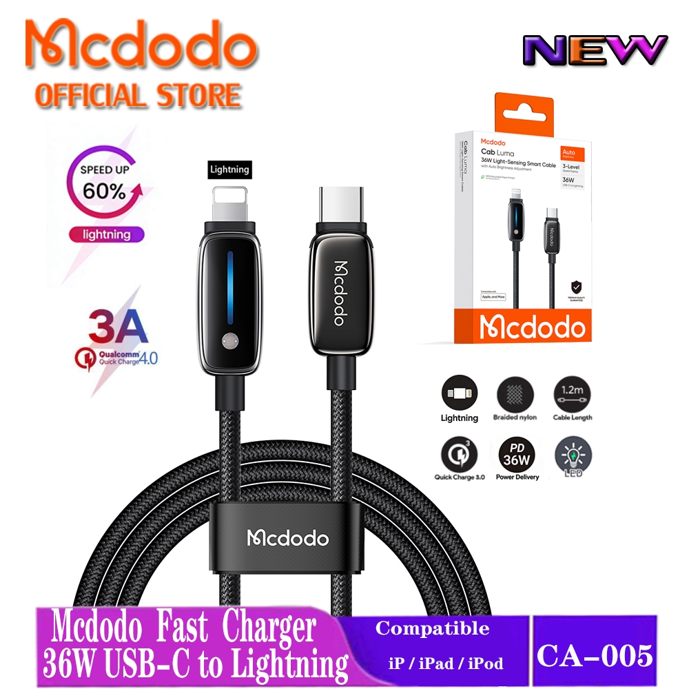 Mcdodo 36W PD สายชาร์จเร็วตัดการเชื่อมต่ออัตโนมัติสมาร์ทไฟ LED Sensor Braided CA-005
