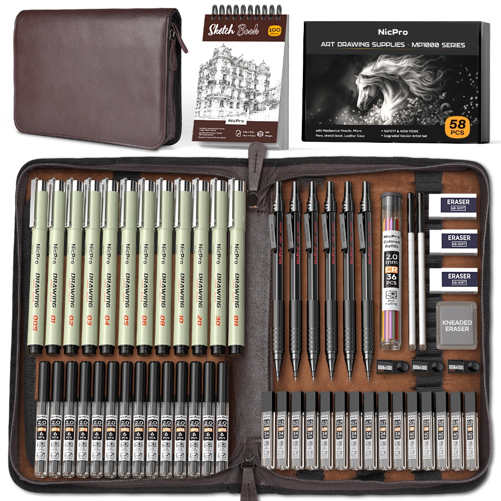 Nicpro 58PCS Art Drawing Supplies Kit in Leather Case, MP1000 Black Metal Mechanical Pencil Set with Drafting Pencil 0.5, 0.7, 0.9&2mm, ปากกา 12 ไมครอน, สมุดสเก็ตช์, ตะกั่ว 30 หลอด Ref