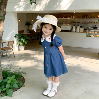 Princess Kesli ชุดเดรสเด็กผู้หญิง คอบัว กระโปรงสีฟ้า ชุดกระโปรงยีนส์ ชุดเดรสยีนส์เด็ก 1-12 ปี เสื้อวันแม่เด็ก