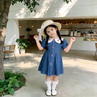 Princess Kesli ชุดเดรสเด็กผู้หญิง คอบัว กระโปรงสีฟ้า ชุดกระโปรงยีนส์ ชุดเดรสยีนส์เด็ก 1-12 ปี เสื้อวันแม่เด็ก