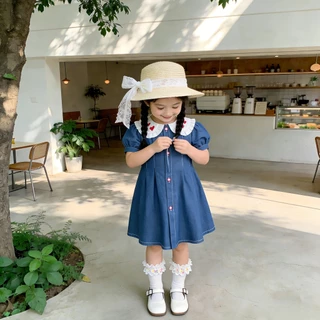 Princess Kesli ชุดเดรสเด็กผู้หญิง คอบัว กระโปรงสีฟ้า ชุดกระโปรงยีนส์ ชุดเดรสยีนส์เด็ก 1-12 ปี เสื้อวันแม่เด็ก