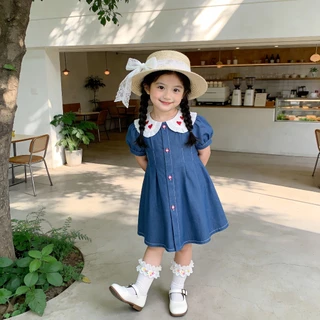 Princess Kesli ชุดเดรสเด็กผู้หญิง คอบัว กระโปรงสีฟ้า ชุดกระโปรงยีนส์ ชุดเดรสยีนส์เด็ก 1-12 ปี เสื้อวันแม่เด็ก