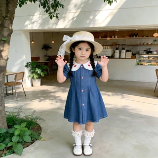 Princess Kesli ชุดเดรสเด็กผู้หญิง คอบัว กระโปรงสีฟ้า ชุดกระโปรงยีนส์ ชุดเดรสยีนส์เด็ก 1-12 ปี เสื้อวันแม่เด็ก