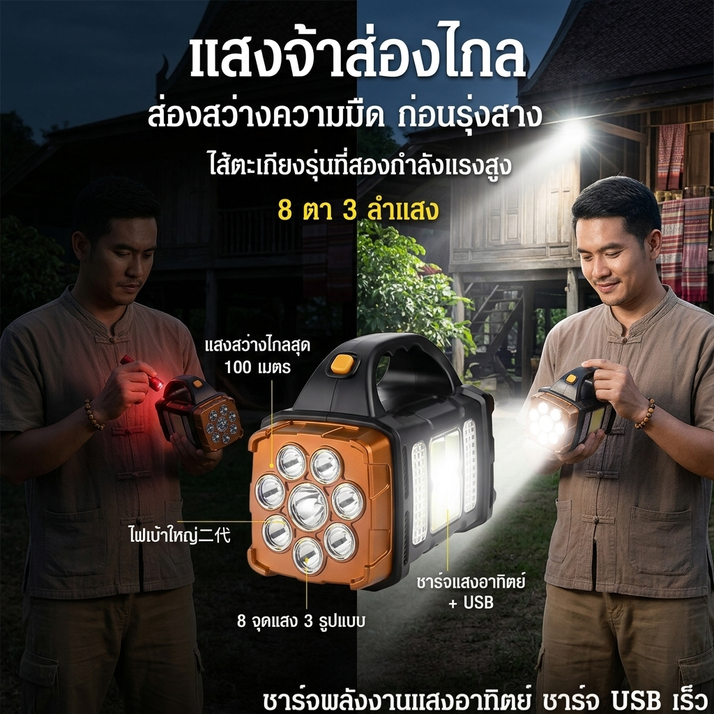 💥เวอร์ชันอัพเกรดใหม่💥ไฟฉายพลังงานแสงอาทิตย์แสงจ้าสีขาว+สีเหลือง/ไฟฉาย ไฟฉายแรงสูง ไฟฉายพลังงานแสงอาทิตย์ ไฟฉาย LED แหล่งกำเนิดแสงหลายแบบปรับได้ ชาร์จ USB เหมาะสำหรับการใช้งานกลางแจ้งและสถานที่ที่มีแสงน้อย ให้ความสว่างสูงและระยะส่องไกล