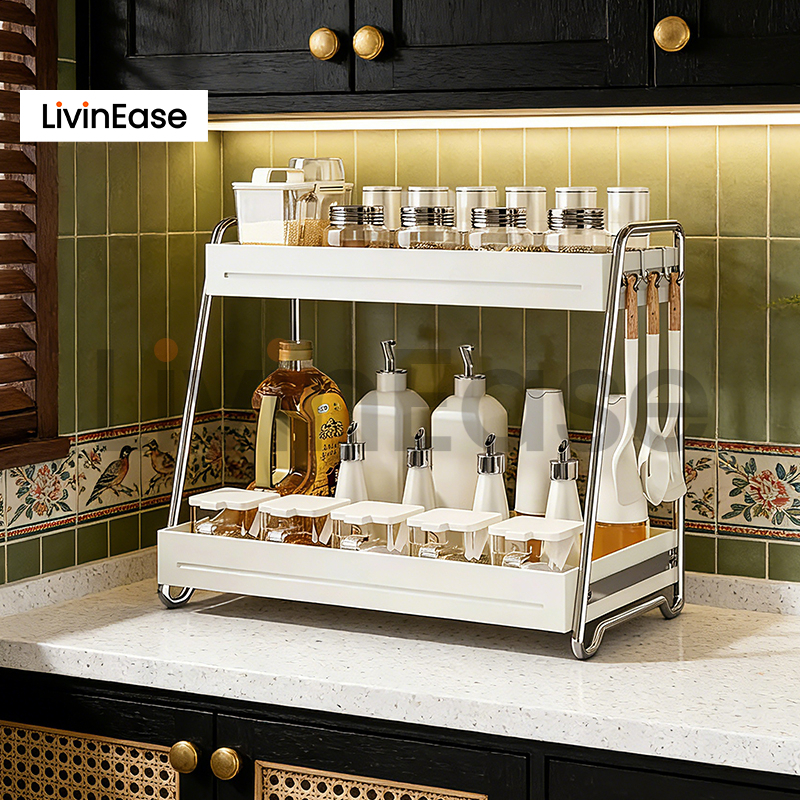 Livinease 33/43 ซม. 2 ชั้นสแตนเลสชั้นวางเครื่องปรุงรสชั้นวางน้ํามันแก้วเครื่องปรุงรสวางมุม