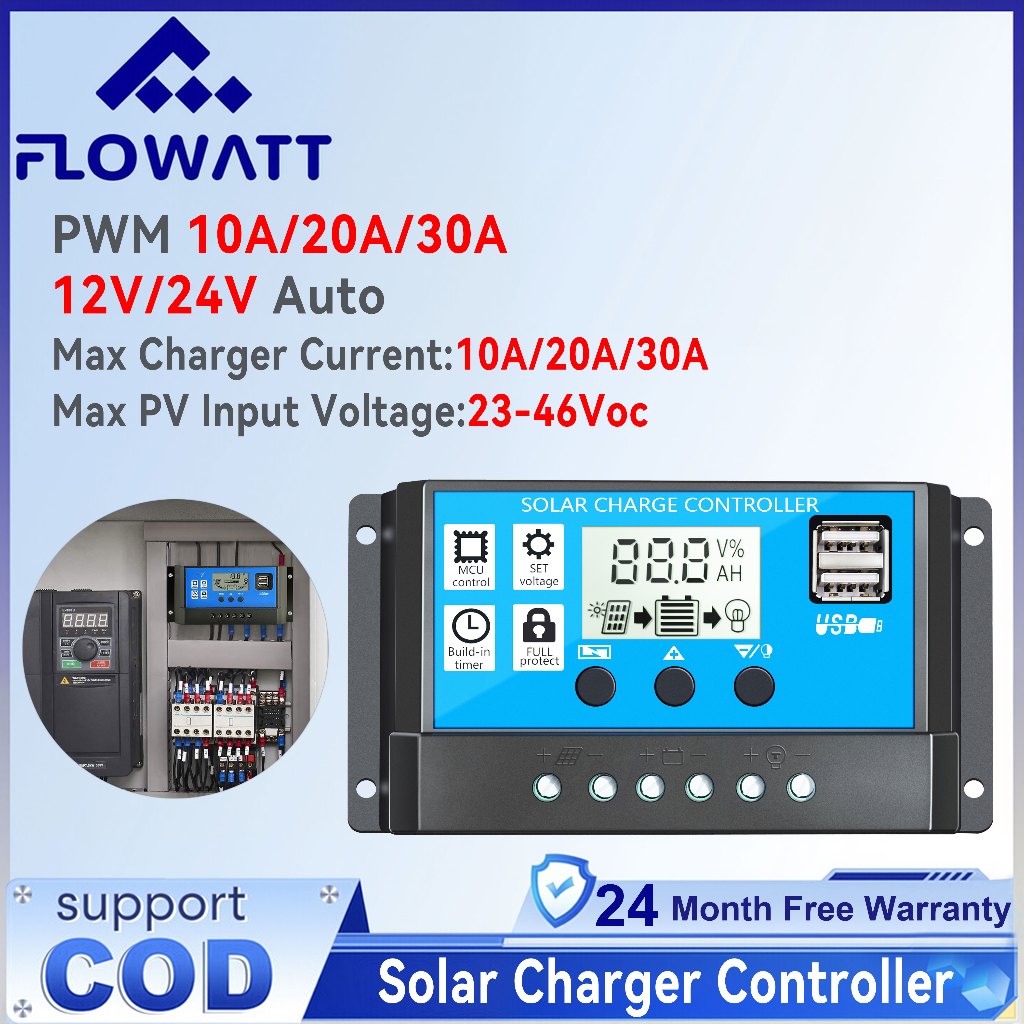 Flowatt PWM 10A/20A//30A ตัวควบคุมการชาร์จพลังงานแสงอาทิตย์ 12V/24V ตัวควบคุมแบตเตอรี่ตัวควบคุมแผงโซลาร์เซลล์จอแสดงผล LCD พร้อมพอร์ต USB คู่